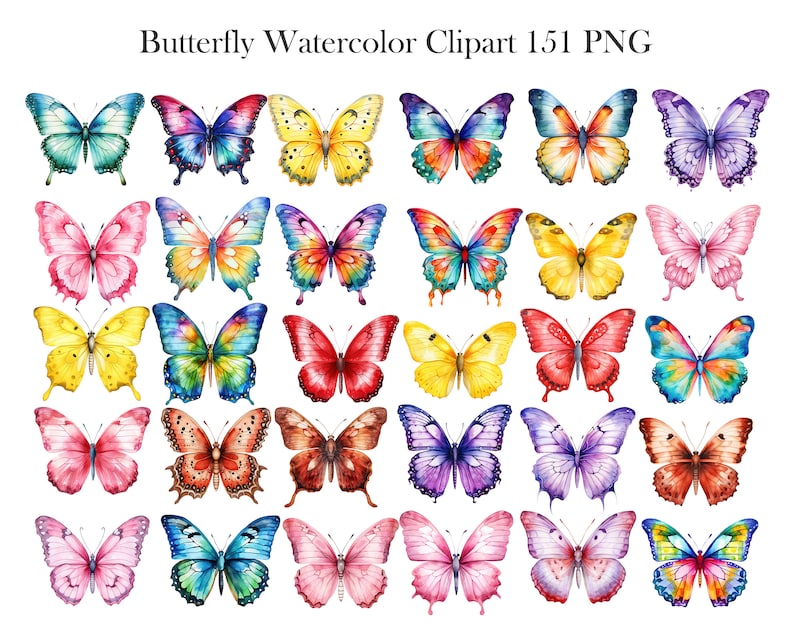 May include: A set of 36 watercolor butterfly illustrations in various colors and patterns. The butterflies are arranged in a grid pattern on a white background.