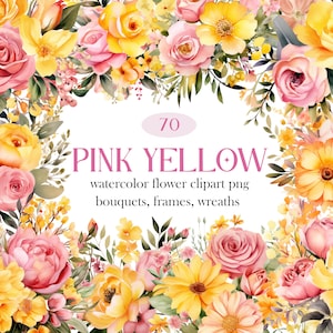Rosa gelbe Blume PNG, Aquarell Blumen Clipart Bundle, Hochzeitsstrauß, Frühlingsblumenkranz, rosa gelbes Blumen PNG