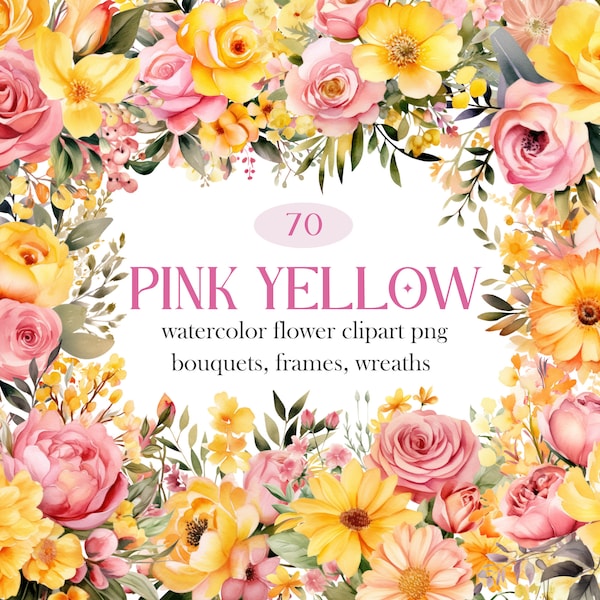 Pink Yellow Flower PNG, Watercolor Floral Clipart Bundle, Wedding Bouquet, Spring Flower Wreath, Pink Yellow Floral PNG