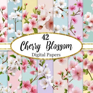 May include: A set of 42 digital papers with cherry blossom illustrations. The papers feature pastel backgrounds with pink and white cherry blossoms. The text "42 Cherry Blossom Digital Papers" is displayed within a gold oval.