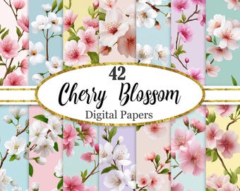 Cherry Blossom Digital Paper, Flower Background Bundle, Spring Floral, Scrapbook Paper, Digital Download