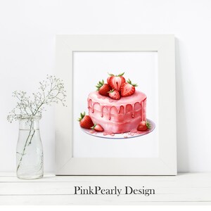 May include: A pink cake with white frosting and strawberry topping. The cake is on a white plate and has a pink background.