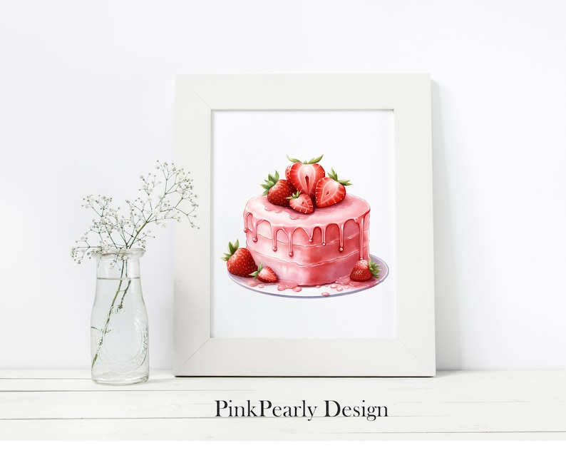 May include: A pink cake with white frosting and strawberry topping. The cake is on a white plate and has a pink background.