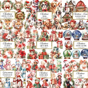 Peut inclure: Un collage num&eacute;rique d'illustrations aquarelle sur le th&egrave;me de No&euml;l. Les illustrations comprennent des animaux, des motifs floraux, des boules &agrave; neige, des bo&icirc;tes cadeaux, des bonhommes de neige, des chats et des gar&ccedil;ons mignons. Les illustrations sont parfaites pour les projets d'artisanat, de scrapbooking et de design num&eacute;rique.