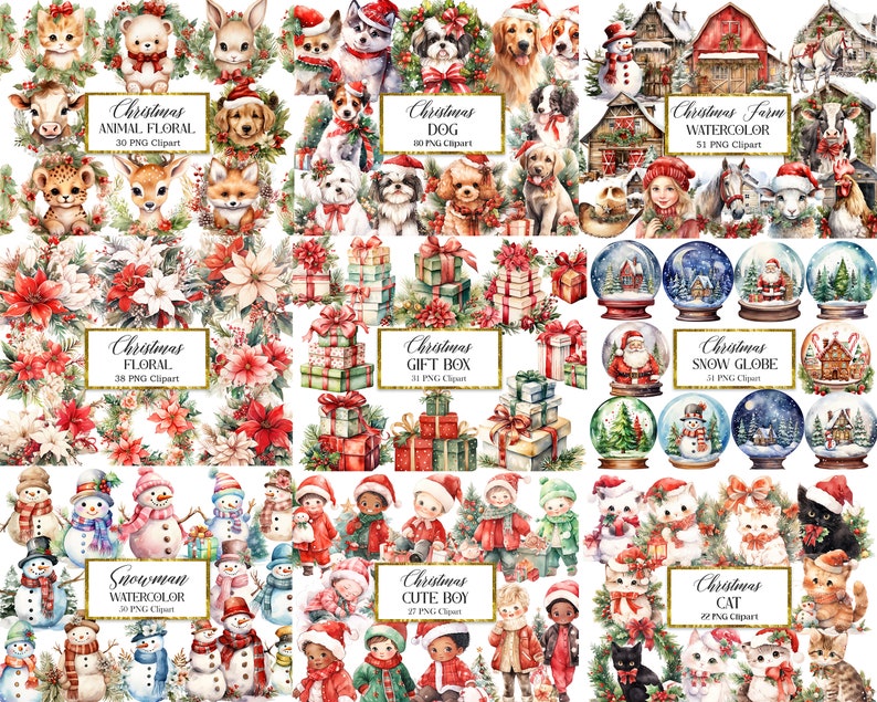 Peut inclure: Un collage num&eacute;rique d'illustrations aquarelle sur le th&egrave;me de No&euml;l. Les illustrations comprennent des animaux, des motifs floraux, des boules &agrave; neige, des bo&icirc;tes cadeaux, des bonhommes de neige, des chats et des gar&ccedil;ons mignons. Les illustrations sont parfaites pour les projets d'artisanat, de scrapbooking et de design num&eacute;rique.