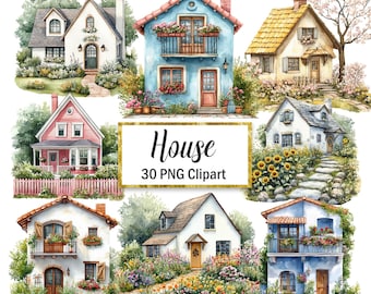 House Clipart, Watercolor Home PNG, Cottage, Digital Download