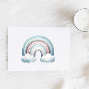 May include: A watercolor rainbow print with a pink, gray, and blue color scheme. The rainbow is depicted with clouds and small pink hearts.