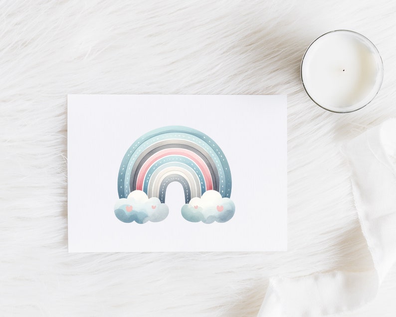 May include: A watercolor rainbow print with a pink, gray, and blue color scheme. The rainbow is depicted with clouds and small pink hearts.