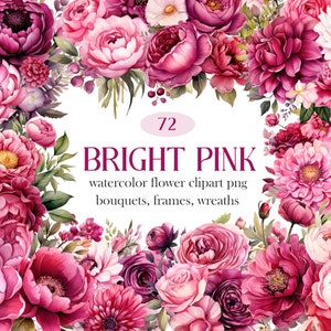 Helle rosa Blume PNG, Aquarell rosa Blumen Clipart, Fuchsie rosa Blumenstrauß Kranz, digitaler Download