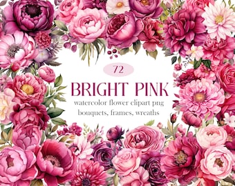 Bright Pink Flower PNG, Watercolor Pink Floral Clipart, Fuchsia Pink Flower Bouquet Wreath, Digital Download