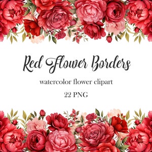 Red Flower Border Clipart, Watercolor Red Floral PNG Bundle, Flower Frame, Valentine Clipart, Wedding Floral, Digital Download