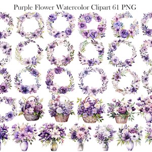 May include: A collection of watercolour clipart featuring purple flower wreaths, bouquets, and baskets. The image showcases floral arrangements in shades of purple, lavender, and white, with green foliage. The text "Purple Flower Watercolor Clipart 61 PNG" is at the top.