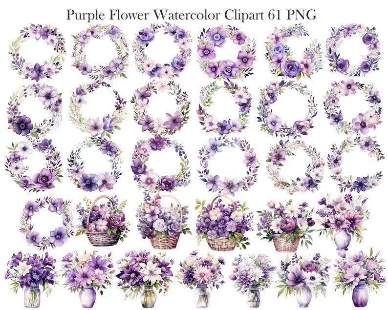 May include: A collection of watercolour clipart featuring purple flower wreaths, bouquets, and baskets. The image showcases floral arrangements in shades of purple, lavender, and white, with green foliage. The text "Purple Flower Watercolor Clipart 61 PNG" is at the top.