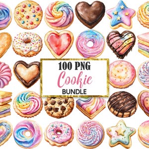Op de afbeelding: Een verzameling aquarelkoekjes in verschillende vormen, waaronder harten, sterren en spiralen. De koekjes zijn versierd met kleurrijke glazuur en hagelslag. De afbeelding bevat de tekst "100 PNG Cookie BUNDLE" in een gouden kader.