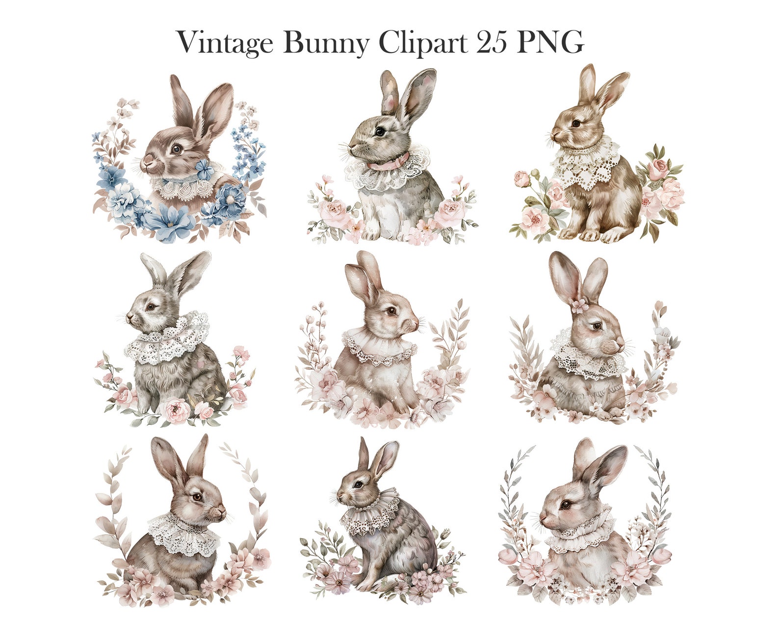 Bunny Clipart, Watercolor Bunnies Clipart Bundle, Vintage Rabbit PNG ...