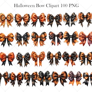 Pode incluir: Um conjunto de 25 la&ccedil;os tem&aacute;ticos de Halloween em v&aacute;rios designs. Os la&ccedil;os s&atilde;o feitos de fita de cetim laranja e preta com bolinhas e detalhes de glitter. Alguns la&ccedil;os apresentam uma coroa de folhas laranja e pretas e ab&oacute;boras.