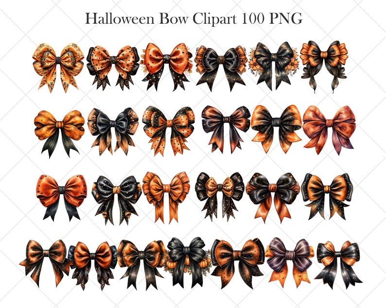 Pode incluir: Um conjunto de 25 la&ccedil;os tem&aacute;ticos de Halloween em v&aacute;rios designs. Os la&ccedil;os s&atilde;o feitos de fita de cetim laranja e preta com bolinhas e detalhes de glitter. Alguns la&ccedil;os apresentam uma coroa de folhas laranja e pretas e ab&oacute;boras.