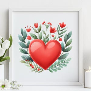May include: A framed print featuring a vibrant red heart surrounded by green leaves and red flowers. The artwork is set against a white background, creating a cheerful and romantic aesthetic. The print is displayed on a white surface.