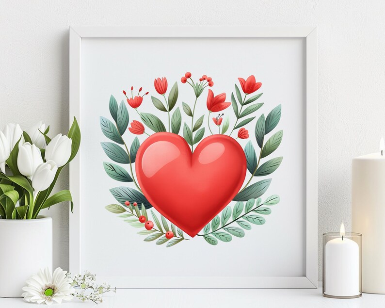 May include: A framed print featuring a vibrant red heart surrounded by green leaves and red flowers. The artwork is set against a white background, creating a cheerful and romantic aesthetic. The print is displayed on a white surface.
