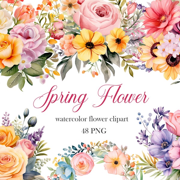 Spring Flower PNG, Watercolor Floral Clipart Bundle, Flower Bouquet, Spring Floral, Summer Flower, Wreath, Digital Download