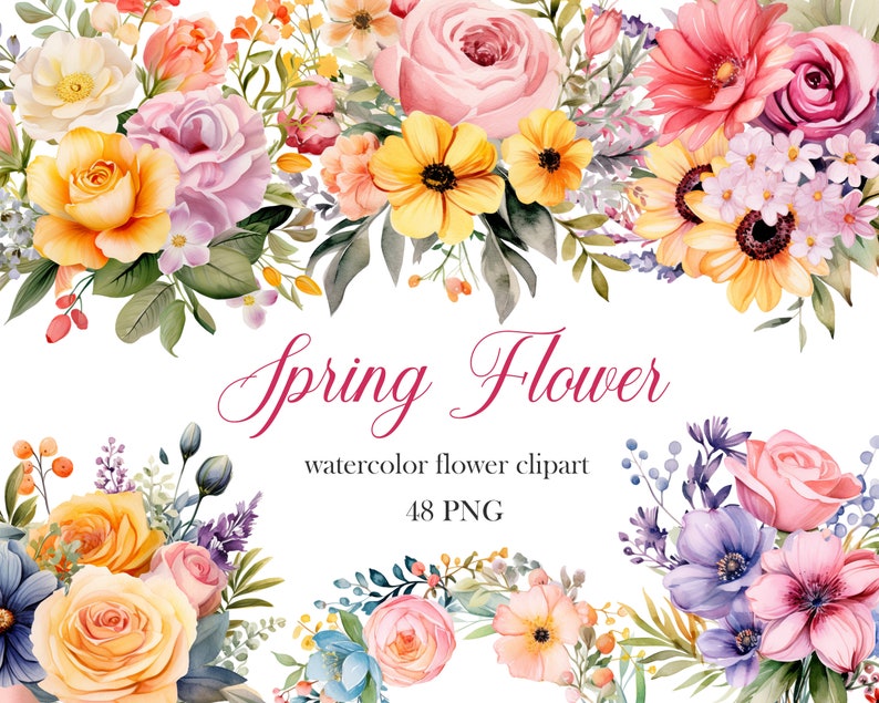 May include: Watercolor clipart of spring flowers in various colors, including pink, yellow, blue, and purple. The flowers are arranged in a bouquet with green leaves and stems. The text "Spring Flower" is written in pink cursive lettering above the bouquet. The text "watercolor flower clipart" is written in black lettering below the bouquet. The text "48 PNG" is written in black lettering below the text "watercolor flower clipart".