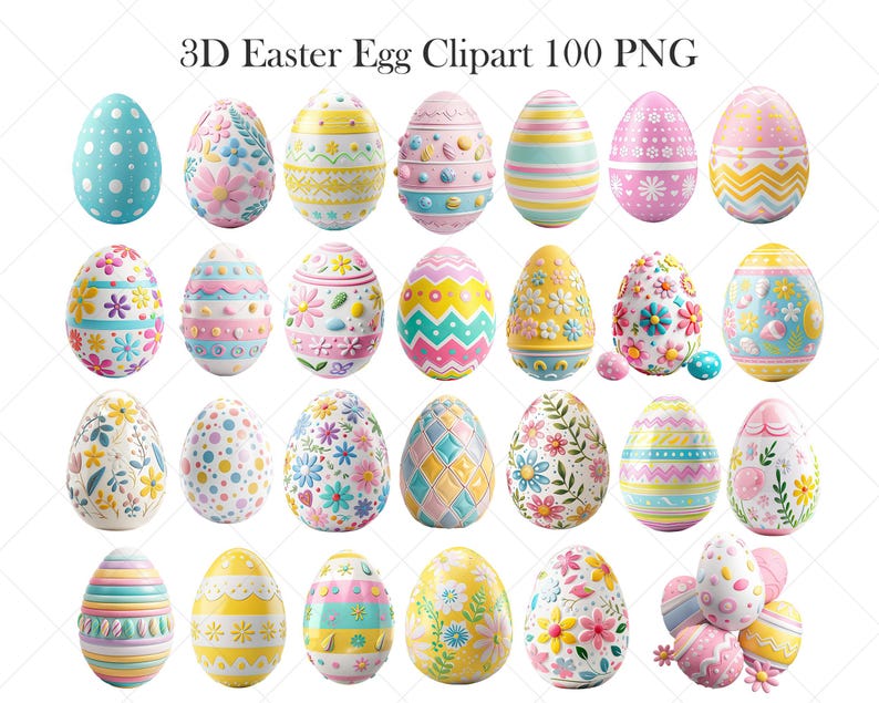 May include: A collection of 3D Easter egg clip art in various pastel colors. The eggs are decorated with floral patterns, polka dots, stripes, and other designs. The text "3D Easter Egg Clipart 100 PNG" is at the top.