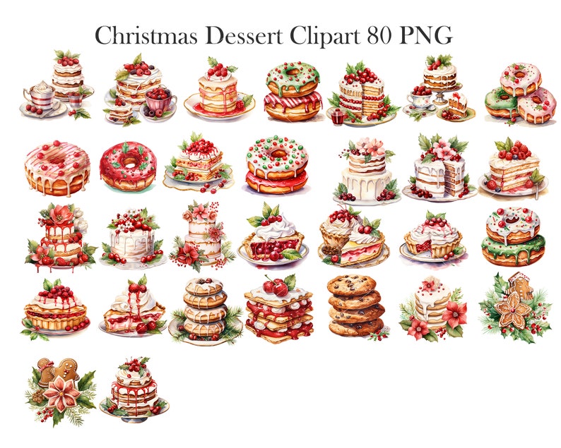 May include: A collection of 20 watercolor illustrations of Christmas desserts, including cakes, cookies, pies, and donuts. The desserts are decorated with red, green, and white frosting, sprinkles, and other festive details.