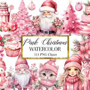 Peut inclure: Ensemble de clipart de No&euml;l en aquarelle rose avec un P&egrave;re No&euml;l, un bonhomme de neige, un gnome, un chat, une fille, un cupcake, un sapin de No&euml;l, un g&acirc;teau, une bo&icirc;te cadeau et un bouquet de fleurs.