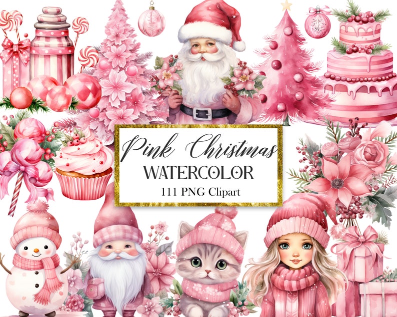 Peut inclure: Ensemble de clipart de No&euml;l en aquarelle rose avec un P&egrave;re No&euml;l, un bonhomme de neige, un gnome, un chat, une fille, un cupcake, un sapin de No&euml;l, un g&acirc;teau, une bo&icirc;te cadeau et un bouquet de fleurs.