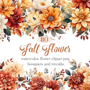 Flores de otoño PNG, paquete de imágenes prediseñadas de flores de otoño en acuarela, ramo floral, corona, sublimación de flores, descarga digital