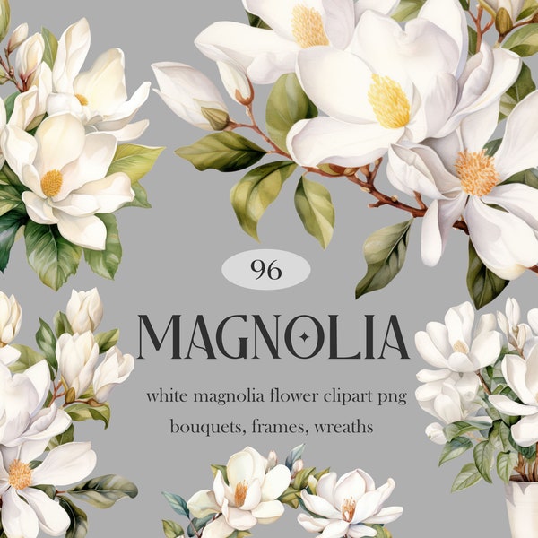 Clipart fleur de magnolia, aquarelle magnolia blanc PNG Bundle, Clipart bouquet Couronne de fleurs blanches, téléchargement numérique