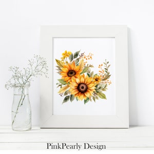 May include: A watercolor painting of a bouquet of sunflowers with green leaves and yellow petals. The sunflowers are arranged in a semi-circle shape and are surrounded by smaller yellow flowers and green leaves.