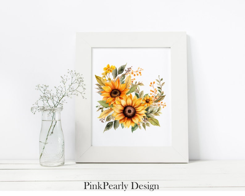 May include: A watercolor painting of a bouquet of sunflowers with green leaves and yellow petals. The sunflowers are arranged in a semi-circle shape and are surrounded by smaller yellow flowers and green leaves.