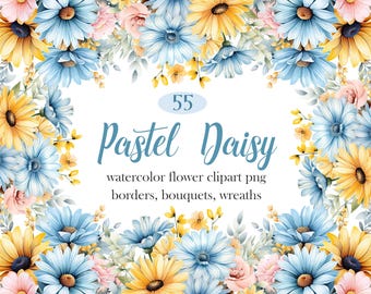 Pastel Daisy PNG, Watercolor Daisy Clipart, Flower Border, Bouquet, Wreath, Spring Floral, Digital Download