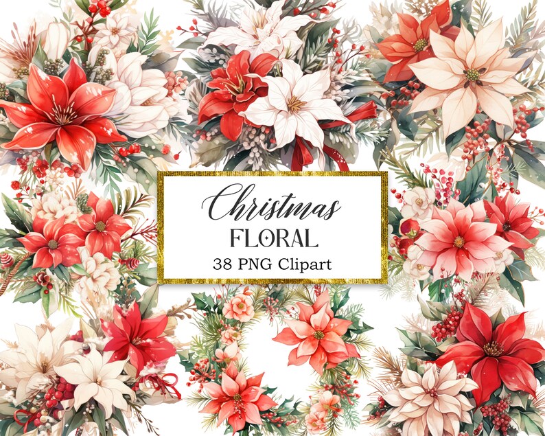Peut inclure: Une illustration num&eacute;rique de 38 images de clipart floral de No&euml;l. Les images pr&eacute;sentent des fleurs de poinsettia rouges, blanches et vertes, des baies de houx et de la verdure. Le texte "Christmas Floral 38 PNG Clipart" est affich&eacute; dans un cadre dor&eacute;.
