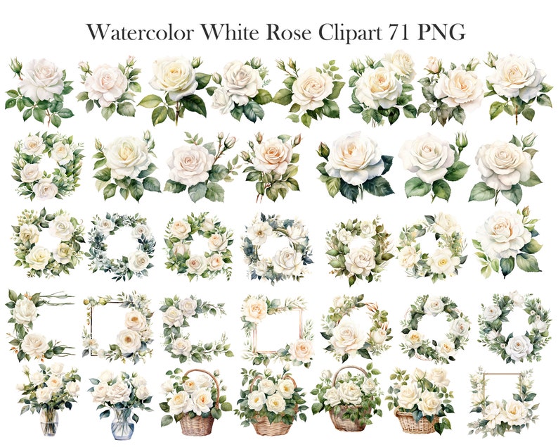 White Roses PNG Watercolor Clipart, Wedding Flowers Bouquet, Watercolor Floral Clipart Bouquets Wreath, Digital Download image 3