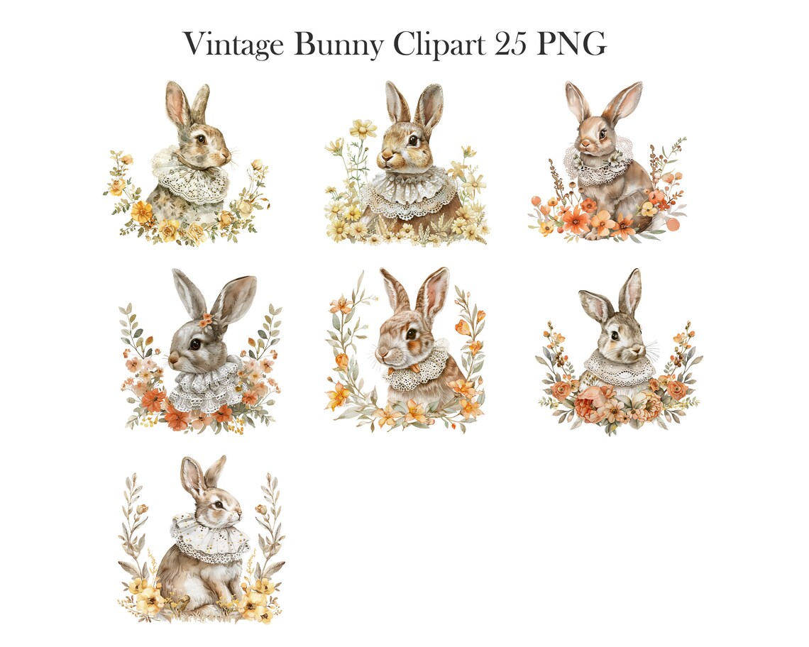 Bunny Clipart, Watercolor Bunnies Clipart Bundle, Vintage Rabbit PNG ...
