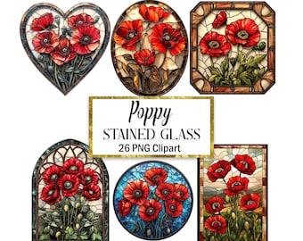 Poppy Stained Glass Clipart, Poppy Flower PNG, Digital Download