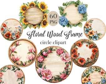 Floral Wood Frame Circle Clipart, Watercolor Flower Frames PNG, Digital Download