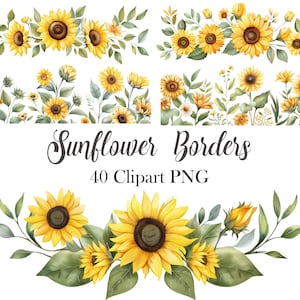 Sunflower PNG, Watercolor Sunflower Border Clipart, Summer Floral, Digital Download