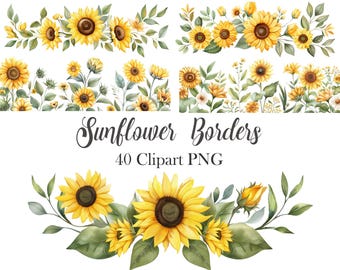 Zonnebloem png, aquarel zonnebloem grens clipart, zomerbloemen, digitale download