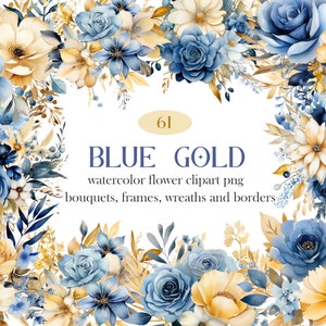Blauwgouden bloem PNG, aquarel bloem clipart, bruiloft bloemen boeket krans, digitale download