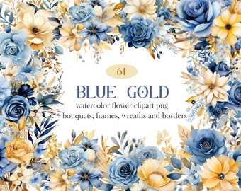 Blue Gold Flower PNG, Watercolor Flower Clipart, Wedding Floral Bouquet Wreath, Digital Download