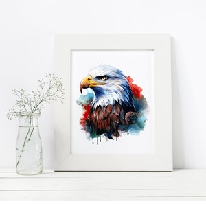 May include: A watercolor painting of a bald eagle's head with a blue, white, and red background.