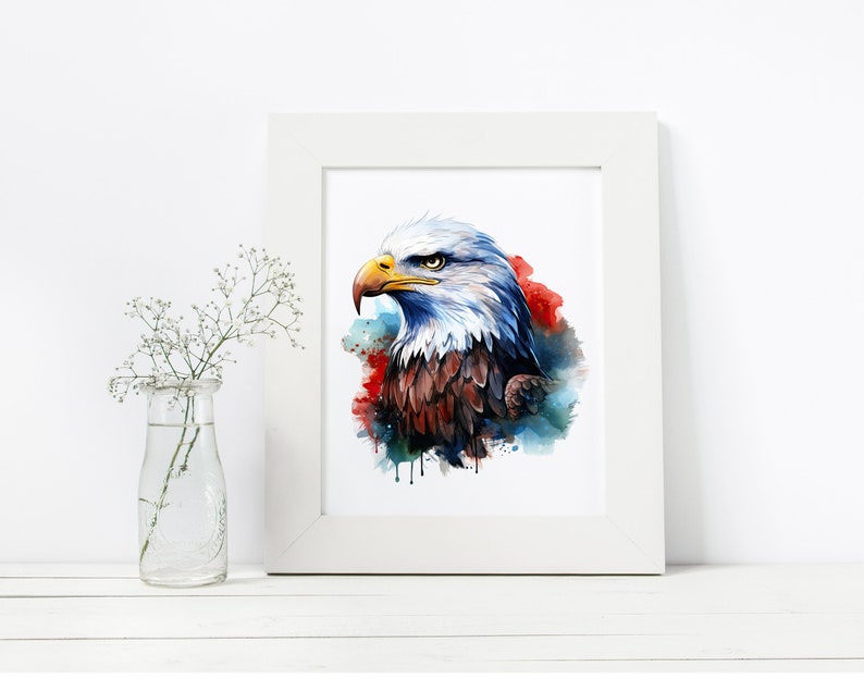 May include: A watercolor painting of a bald eagle's head with a blue, white, and red background.