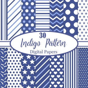 Könnte beinhalten: Eine Sammlung von 30 digitalen Papieren mit Indigo-Muster. Die Designs umfassen Streifen, Punkte, Zickzackmuster, Sterne und Herzen in Blau- und Weißtönen. Der Text "30 Indigo Pattern Digital Papers" wird in einem weißen Oval angezeigt.