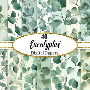 Digitalt papper med eukalyptus, bakgrund med gröna blad, scrapbookpapper