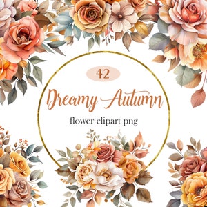 Clipart de flores de otoño, paquete PNG de flores de otoño en acuarela, ramo, borde, marco, flores de otoño, descarga digital