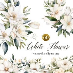 Fleur blanche PNG, aquarelle bouquet de fleurs clipart, couronne, clipart numérique PNG