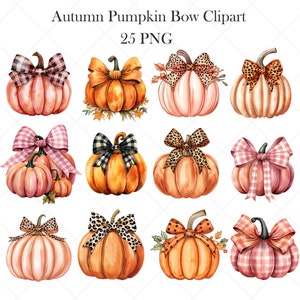 May include: A set of 25 digital clipart images featuring watercolor pumpkins with various bows. The pumpkins are in shades of orange, pink, and brown, and the bows are in pink, black, and brown gingham patterns, leopard print, and polka dots.